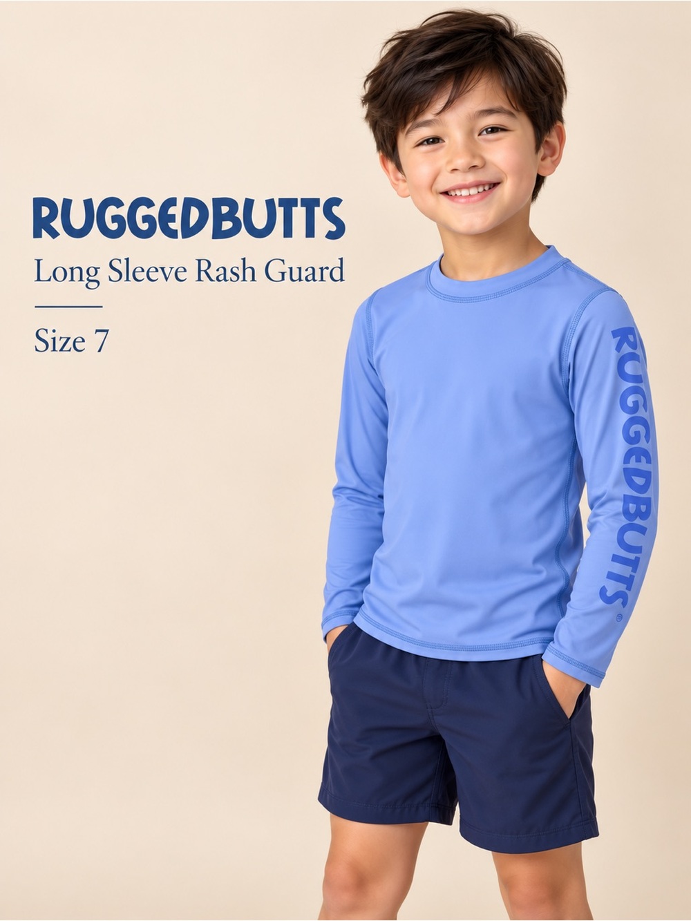 NWT RuggedButts Blue Long Sleeve Rash Guard Boys Size 7 UPF 50+